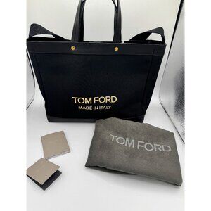 TOM FORD T Screw Black Logo Leather Trim Tote Bag